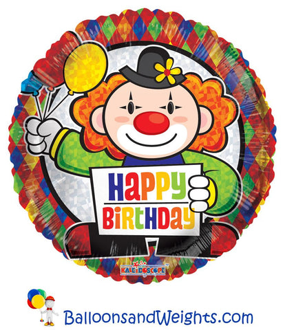 18 Inch Prismatic Birthday Clown Foil Balloon | 100 pc